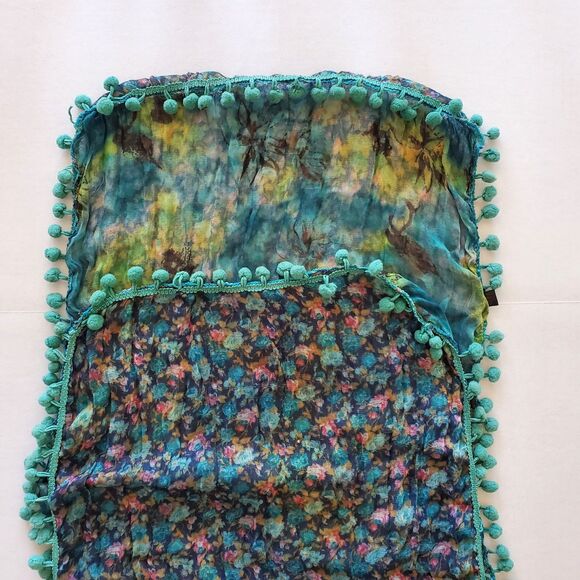 4 Boho Multi-Style Scarves Bundle: Ruffle, Fringe, Patchwork Bubble, Pom-Pom - Picture 4 of 4